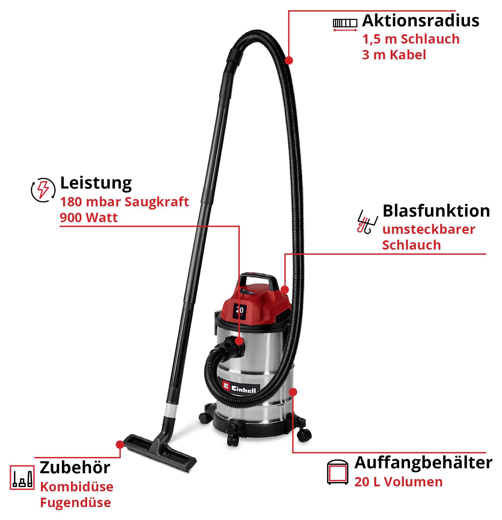 Nass-Trockensauger mit 20 L Auffangbehälter, 900 Watt Leistung, 180 mbar Saugkraft, Blasfunktion, 1,5 m Schlauch, 3 m Kabel.