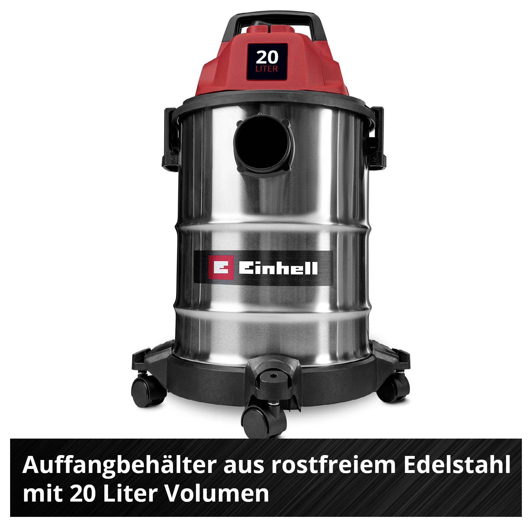 Staubsauger mit 20-Liter-Edelstahlbehälter und Einhell-Logo