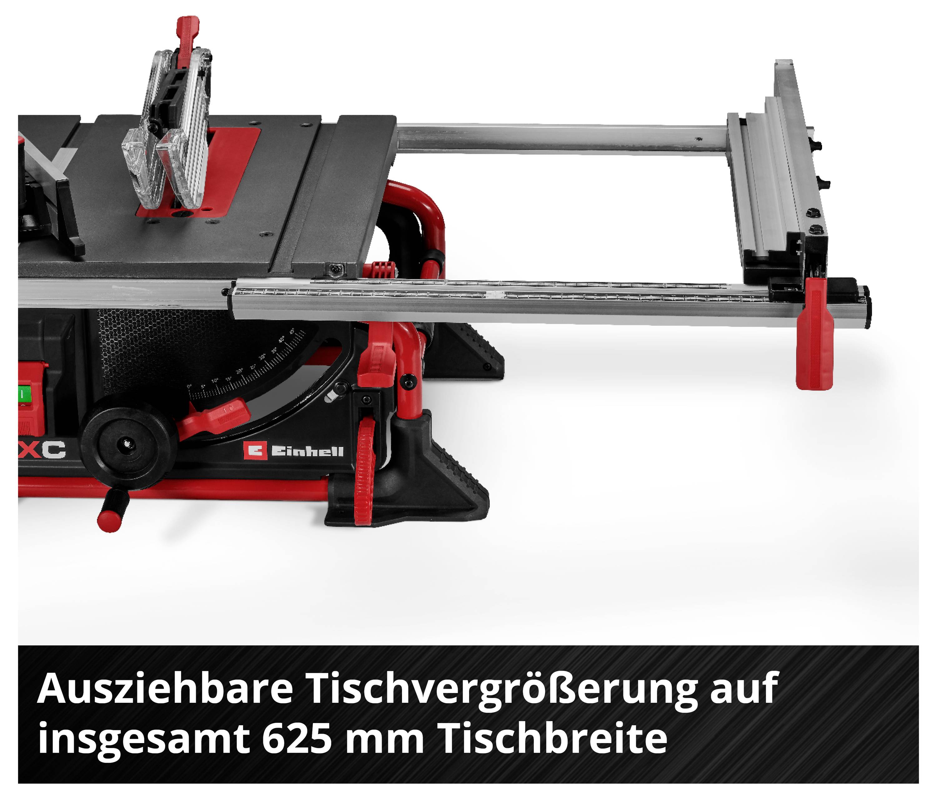 Einhell-Tischkreissäge mit ausziehbarer Tischbreite, die eine Gesamtbreite von 625 mm erreicht, in einer Nahaufnahme dargestellt.