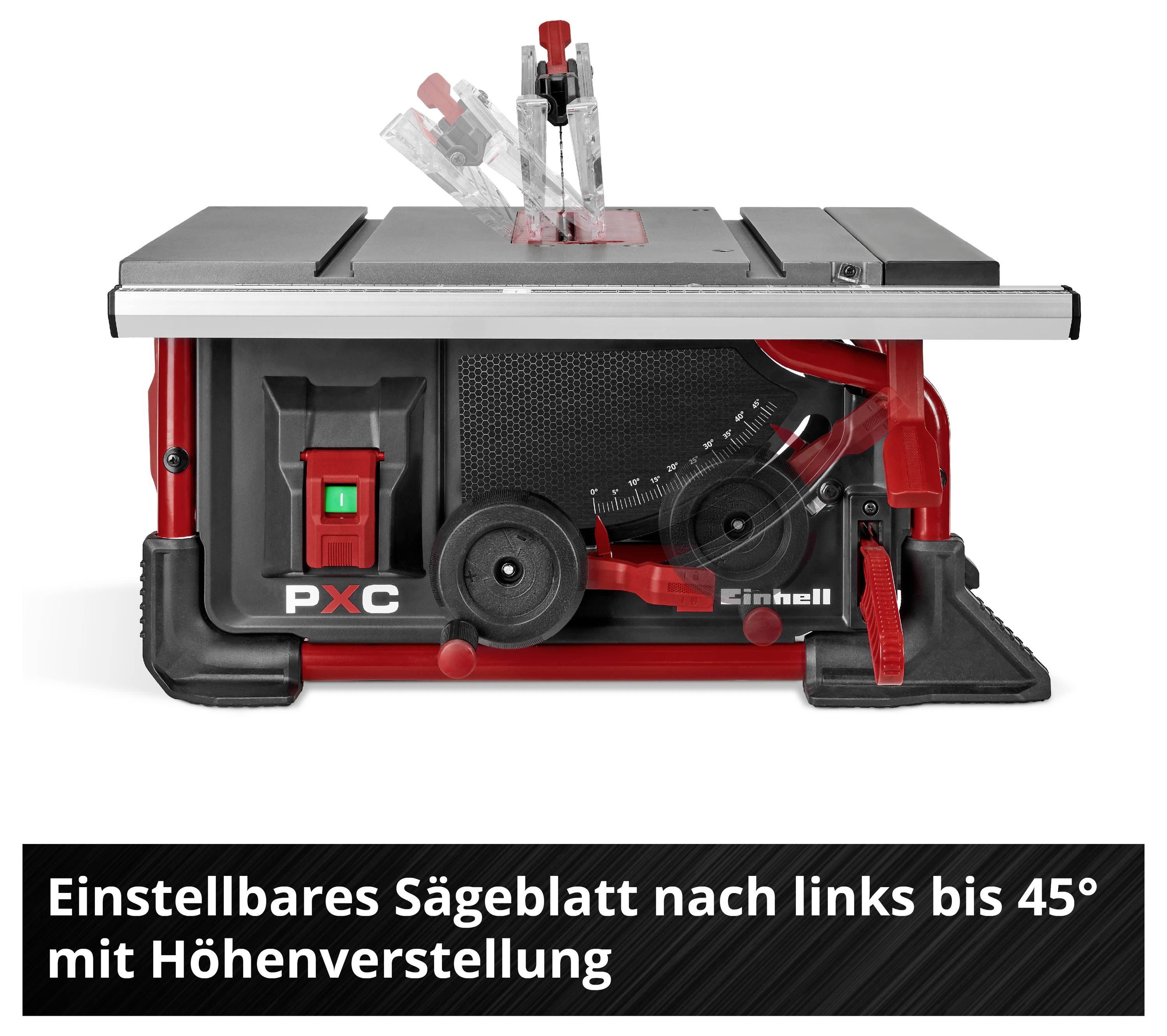 Einhell Tischkreissäge mit verstellbarer 45-Grad-Neigung und Höhenverstellung, in rot-schwarzem Design.