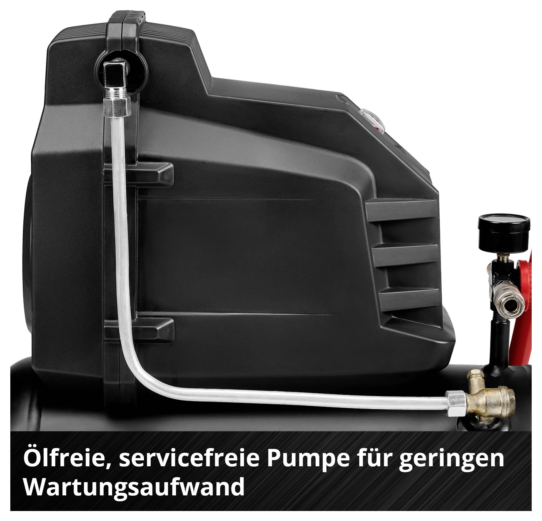 'Ölfreie, servicefreie Pumpe für geringen Wartungsaufwand.' Schwarzes Pumpengehäuse mit transparentem Schlauch.