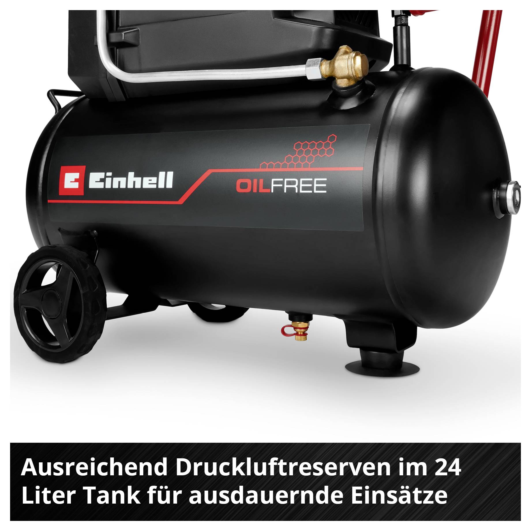 Druckluftkompressor mit 24-Liter-Tank, Marke Einhell, öl- und wartungsfrei. Eignet sich für ausdauernde Einsätze.