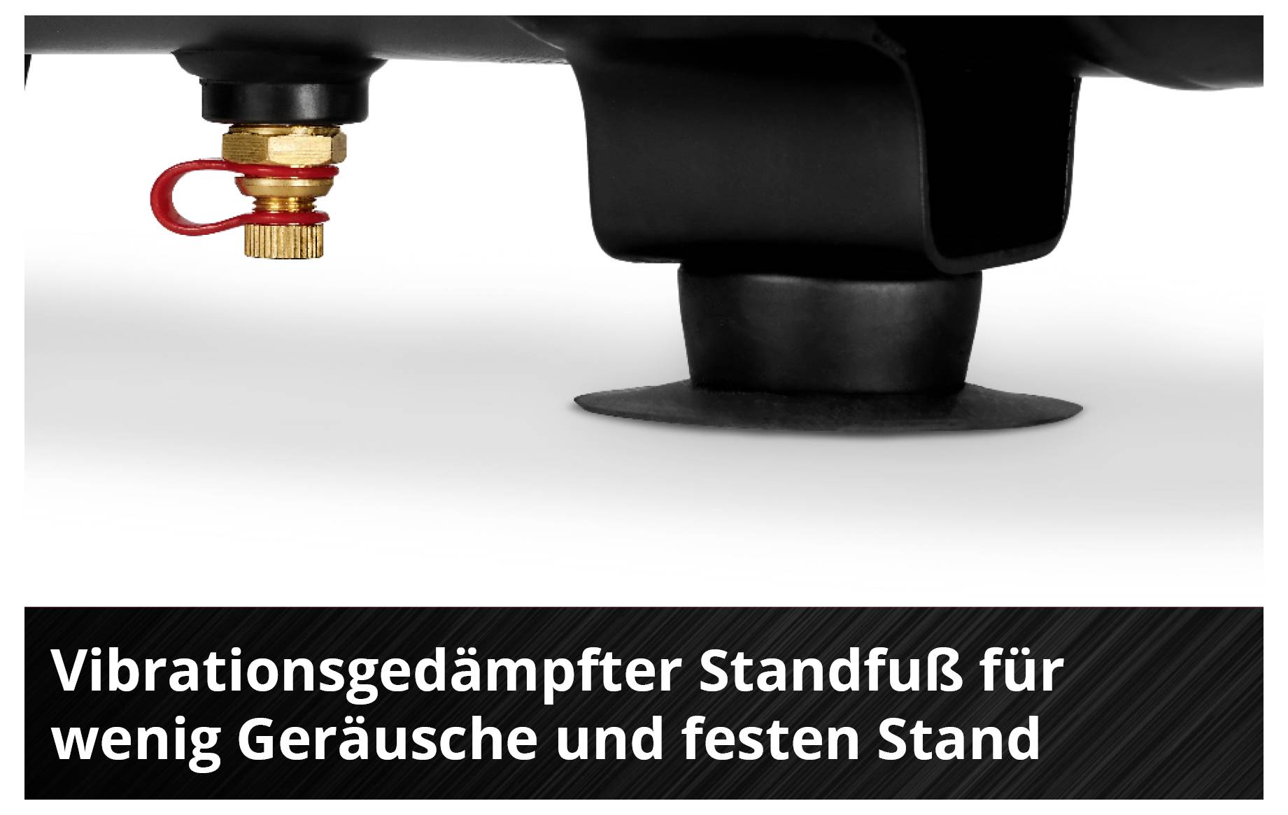 Vibrationsgedämpfter Standfuß, schwarz-gold, mit rotem Detail. Text: 'Vibrationsgedämpfter Standfuß für wenig Geräusche und festen Stand'.