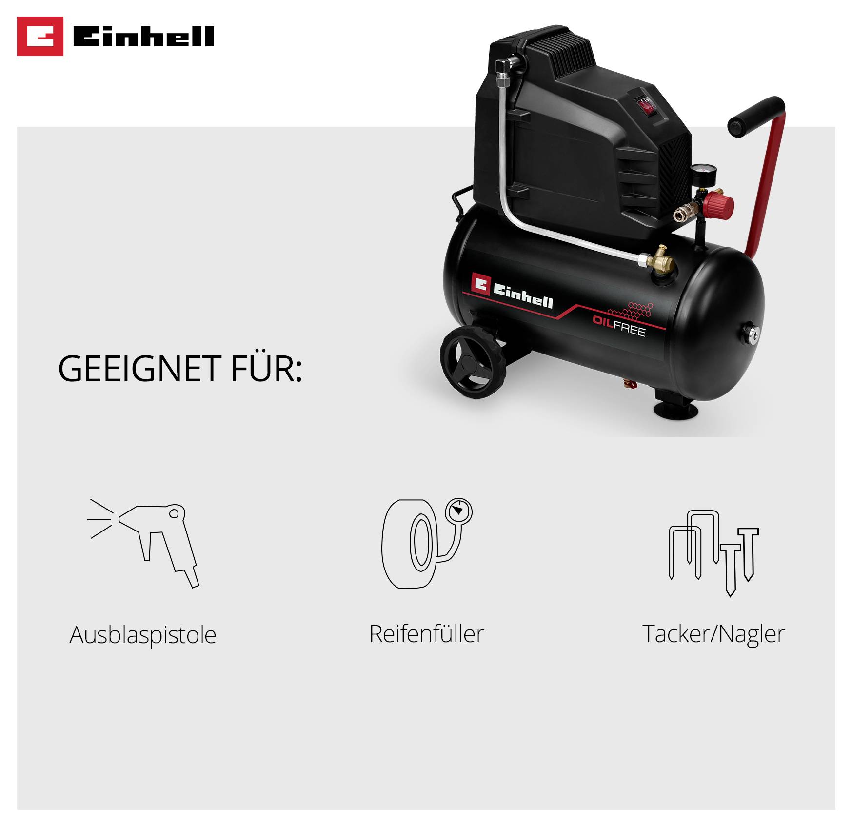 Ein ölfreier Einhell-Kompressor neben Symbolen für Ausblaspistole, Reifenfüller und Tacker/Nagler. Text: 'Geeignet für:'.