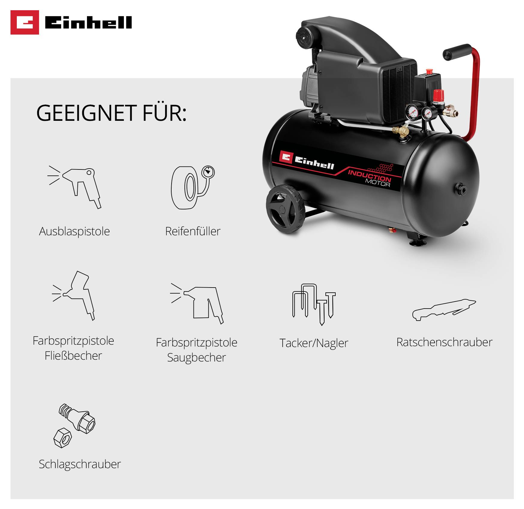 Einhell Kompressor mit Anwendungsbereichen: Ausblaspistole, Reifenfüller, Farbspritzpistole, Tacker/Nagler, Ratschenschrauber.