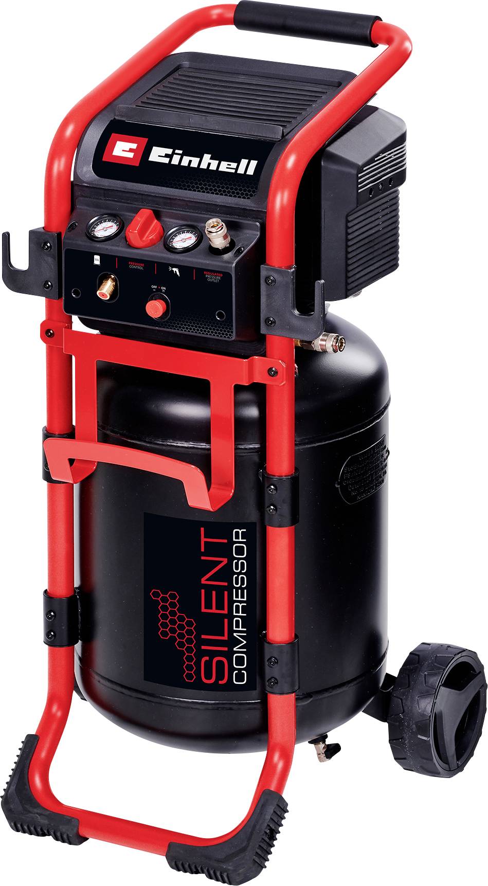 Ein schwarzer und roter vertikaler Luftkompressor mit Rädern und einem Griff. Das Markenlogo befindet sich oben, und die Worte ‚Silent Compressor' sind auf dem Tank gedruckt.