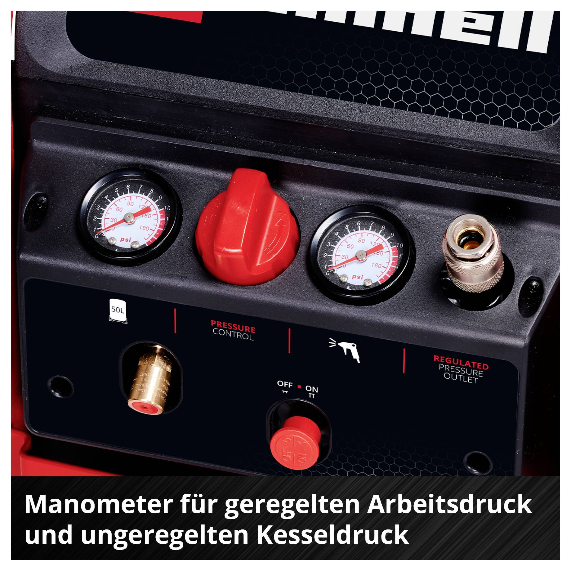 'Manometer für geregelten Arbeitsdruck und ungeregelten Kesseldruck' zeigt Anzeigeelemente und Anschlüsse eines Kompressors.