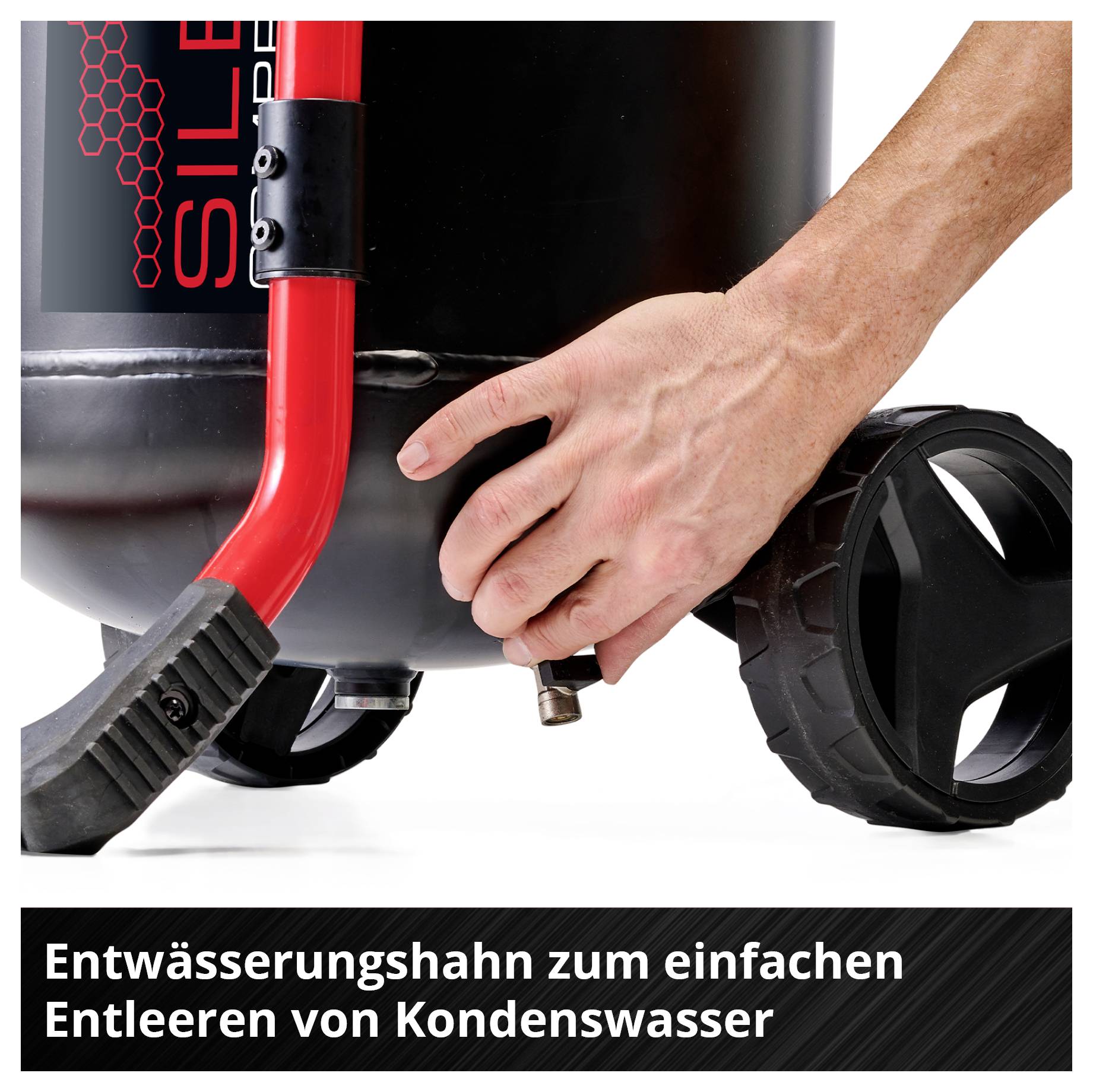 Hand betätigt Entwässerungshahn an einem schwarzen Behälter mit Rädern. Text unten: 'Entwässerungshahn zum einfachen Entleeren von Kondenswasser'.