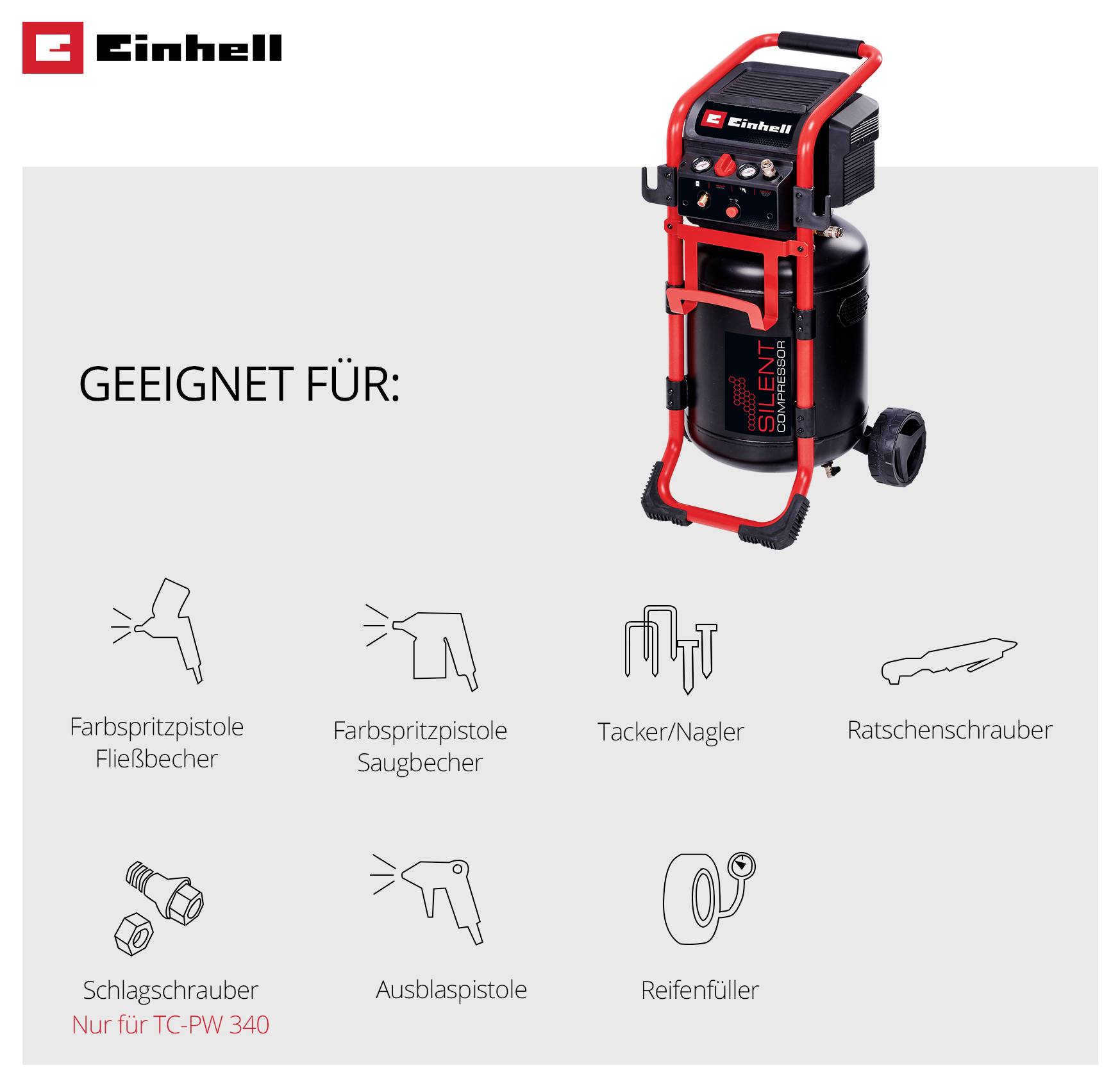 Kompakter, transportabler Einhell-Kompressor mit 8-bar-Druck, 50-l-Tank; für diverse Werkzeuge wie Farbspritzpistolen und Tacker geeignet.