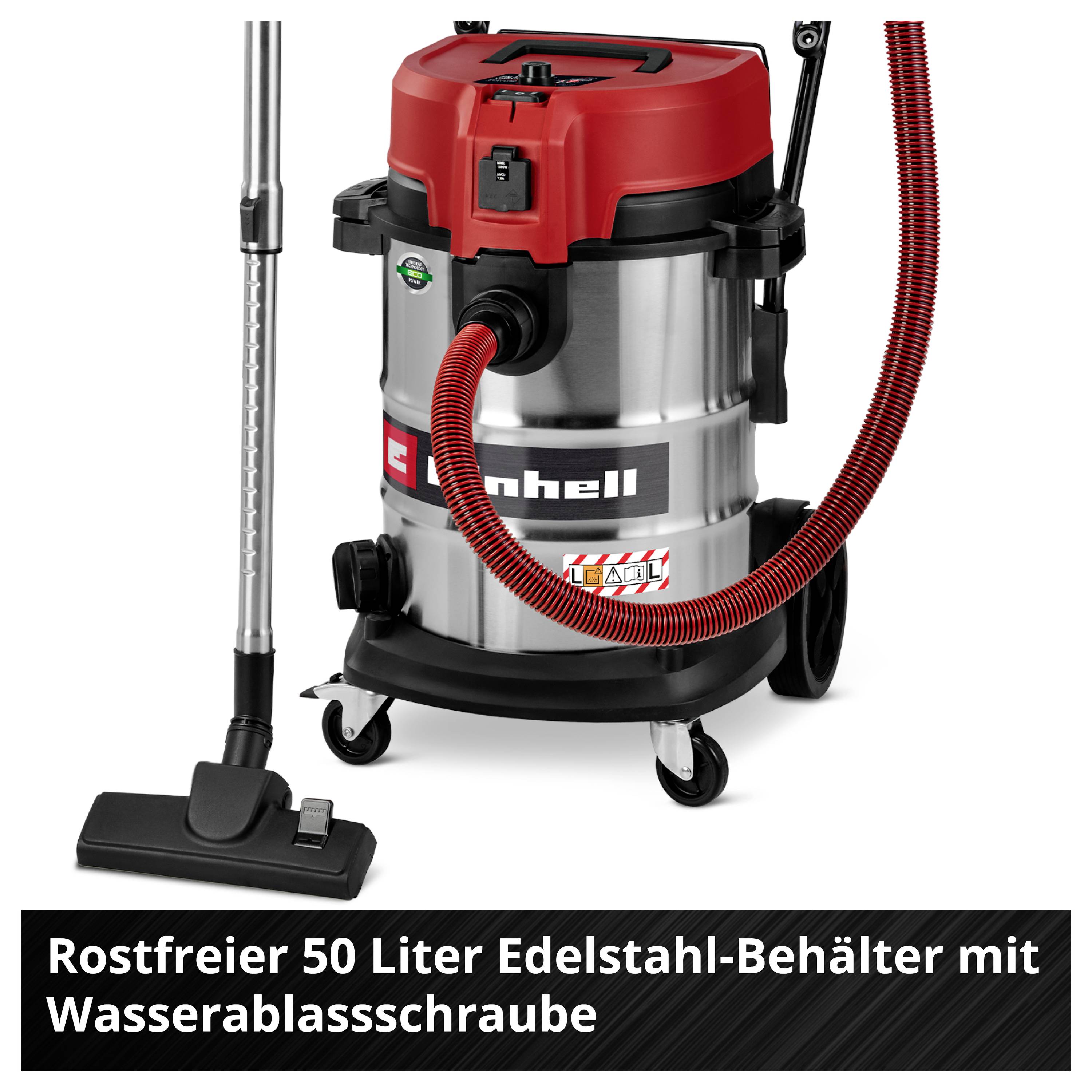 Leistungsstarker Nass- und Trockensauger mit 50-Liter-Edelstahlbehälter und Wasserablassschraube. Ideal für vielseitige Reinigungsaufgaben.