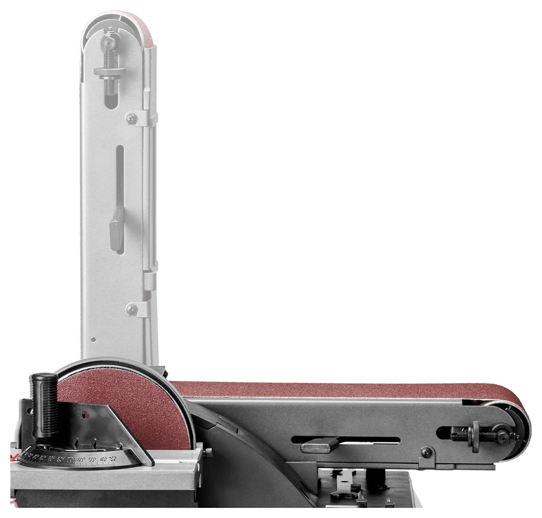 Bandschleif- und Tellerschleifmaschine mit vertikalem Schleifband und horizontaler Scheibe, mit Hervorhebung der verstellbaren Funktionen und Eigenschaften der Maschine.