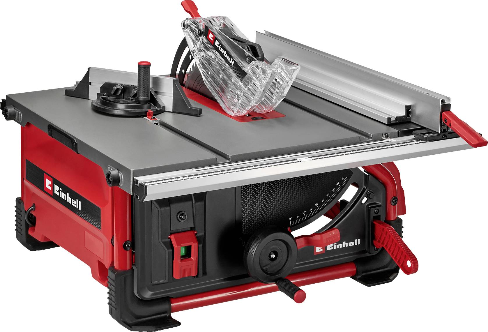 Eine rote und silberne Tischkreissäge mit kreisförmiger Sägeblatt, verstellbaren Winkeln und Schutzvorrichtung, der Marke 'Einhell', vor einem weißen Hintergrund.