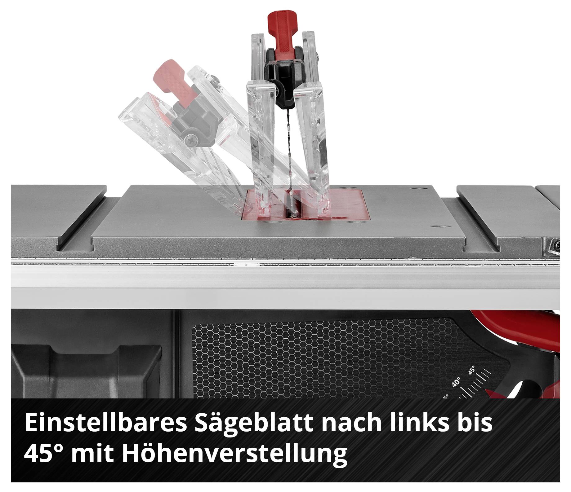 Einstellbares Sägeblatt auf Tischsäge, neigbar nach links bis 45 Grad, mit Höhenverstellung.