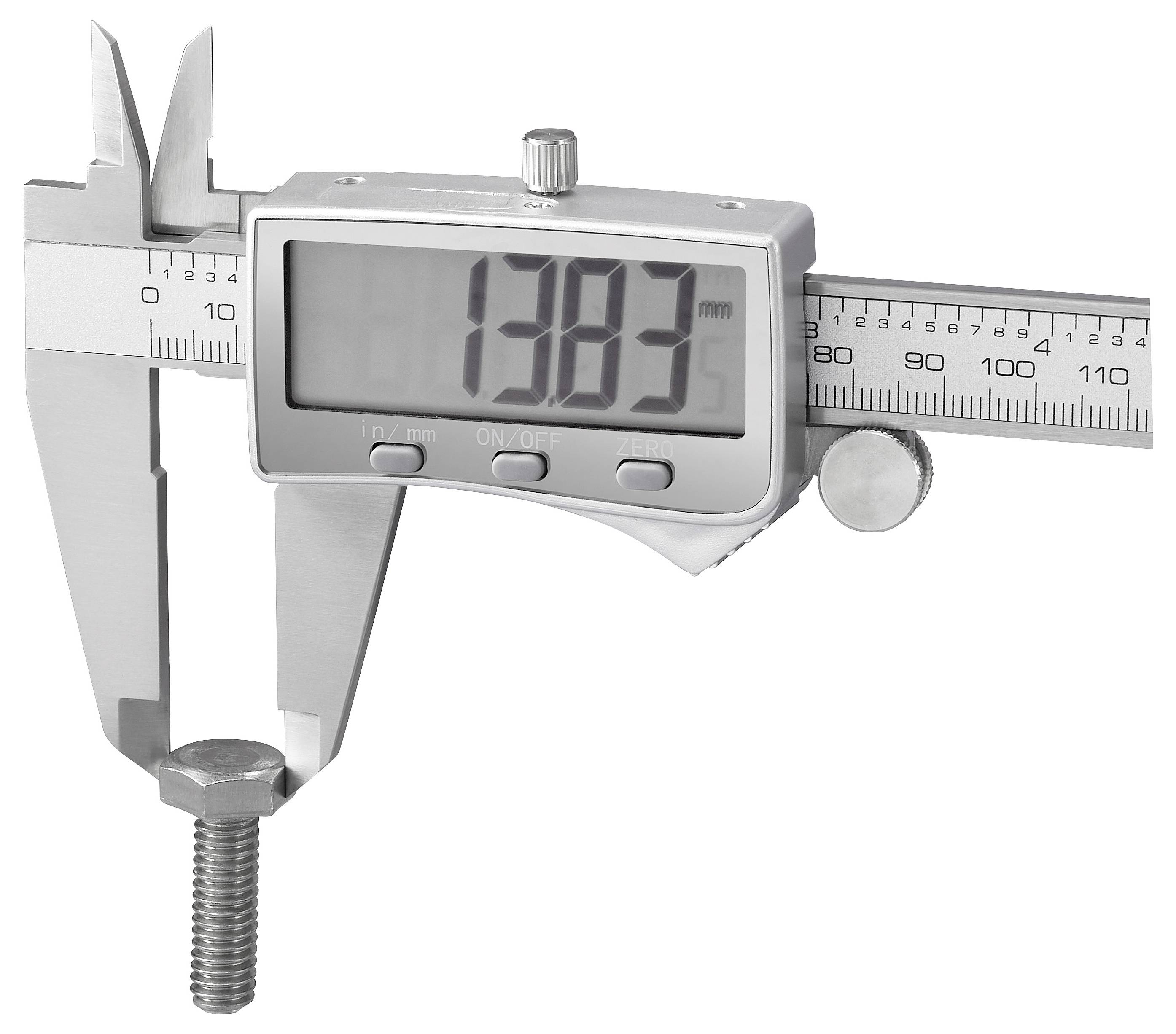 Eine digitale Schieblehre misst den Durchmesser eines Metallbolzens bei 13,83 mm, angezeigt auf dem Bildschirm.