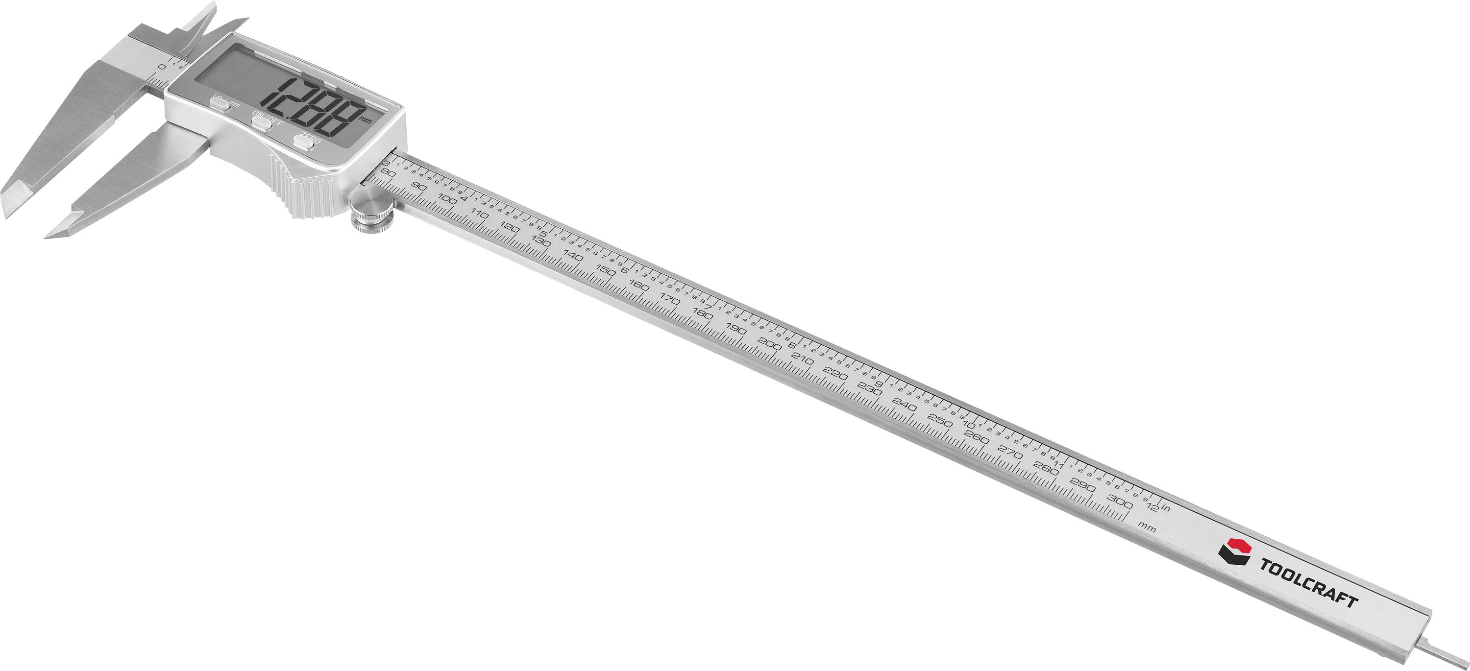 Eine digitale Schieblehre zeigt '12.88' auf dem Display an und hat ein TOOLCRAFT-Logo auf dem Griff. Sie wird zur präzisen Messung von Objekten verwendet.