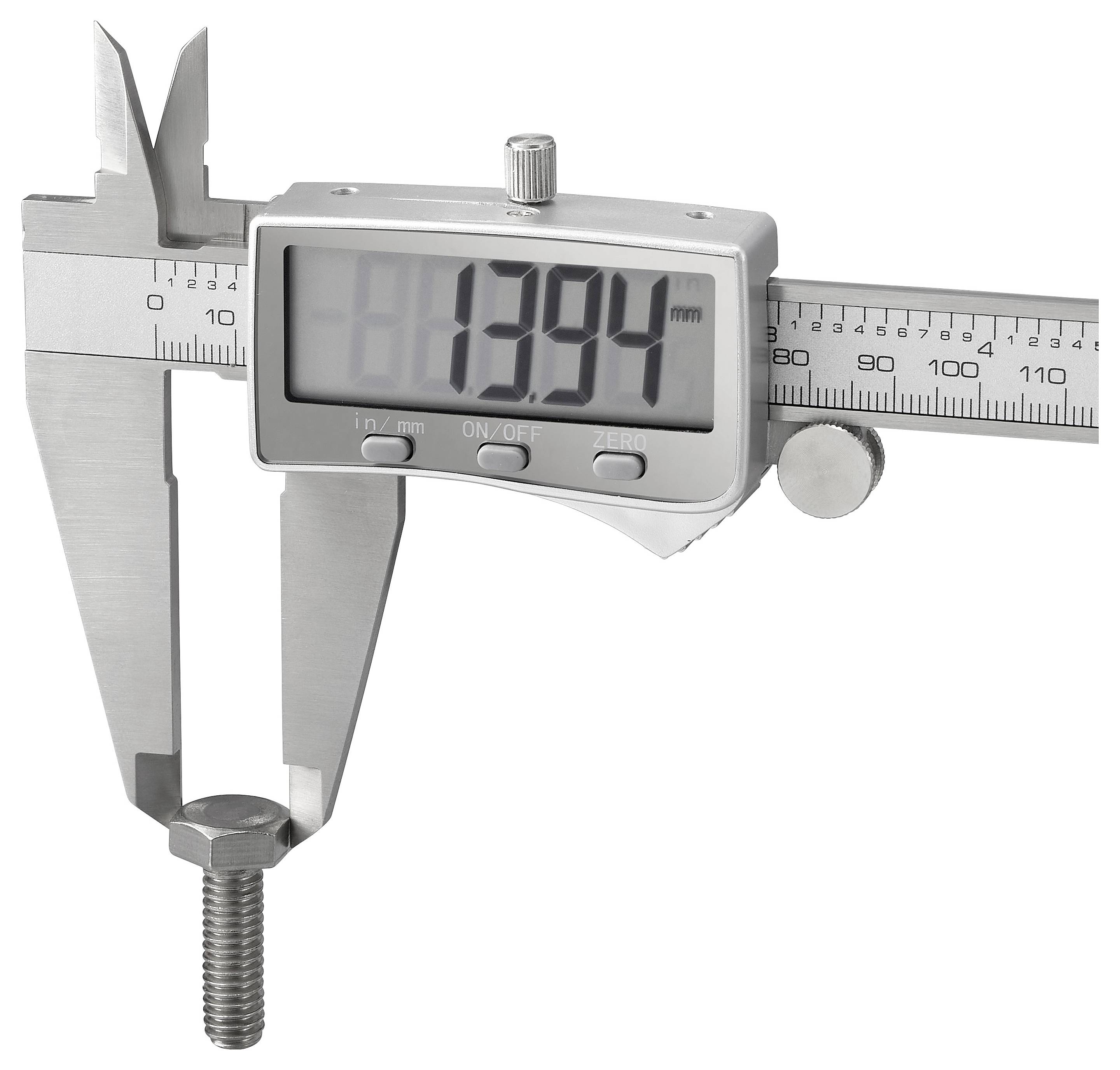 Eine digitale Schieblehre misst den Durchmesser eines Bolzens und zeigt 