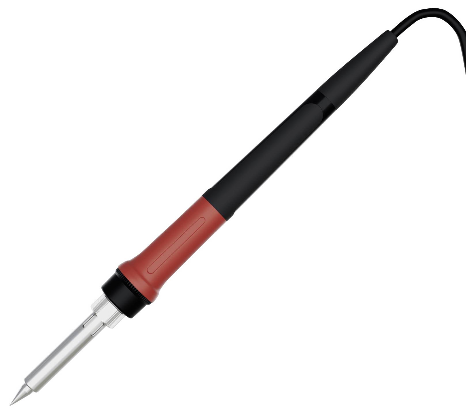 Ein Lötkolben mit rotem Griff und schwarzem Kabel, ausgestattet mit einer Metallspitze für elektronische, elektrische oder metallverarbeitende Anwendungen.