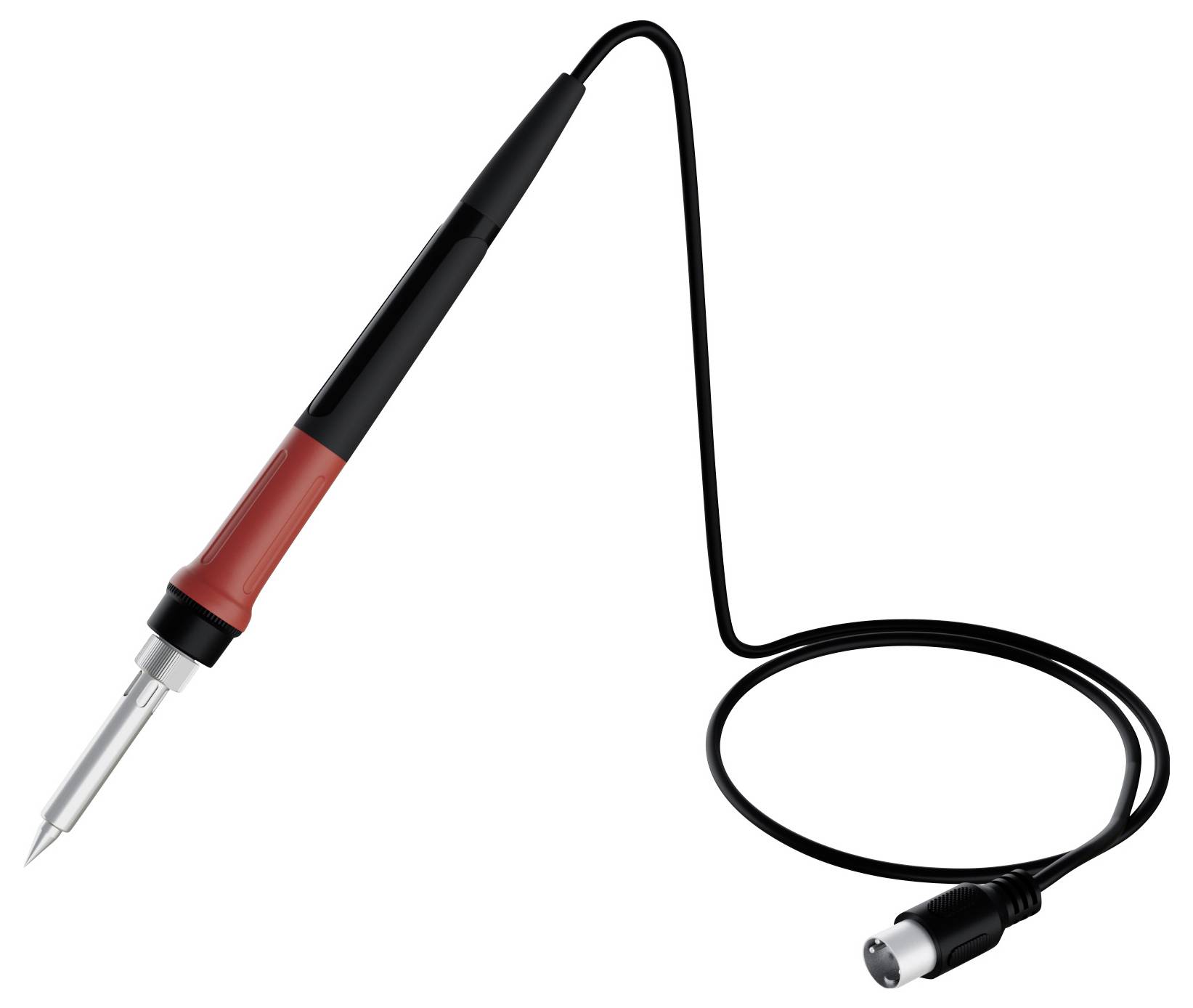 Ein Lötkolben mit einem rot-schwarzen Griff verfügt über eine spitze Metallspitze, die mit einem schwarzen Kabel mit Metallstecker am Ende verbunden ist.