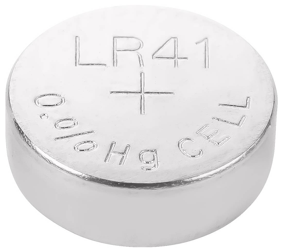 Eine silberfarbene Knopfzellenbatterie mit den Markierungen „LR41