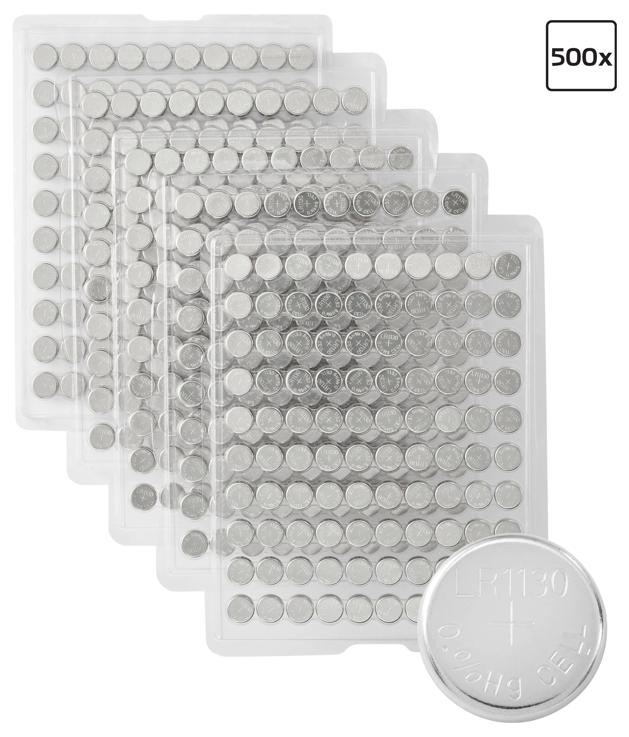 Fünf Tabletts, die jeweils mehrere Knopfzellenbatterien enthalten, werden angezeigt, mit einer hervorgehobenen Batterie vorne mit der Bezeichnung „LR1130