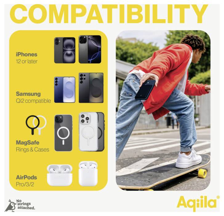 'Kompatibilitätsanleitung' mit iPhones 12 oder neuer, Qi2-kompatiblen Samsung-Geräten, MagSafe-Ringen und -Hüllen, AirPods Pro 3/2. Eine Person auf einem Skateboard.