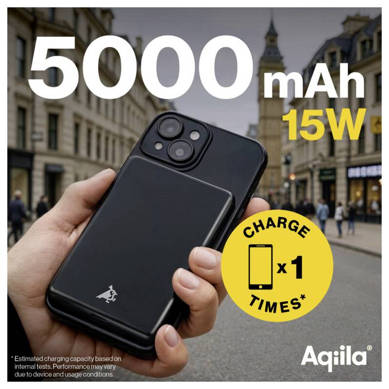 Eine Hand hält eine schwarze tragbare Powerbank mit einer Kapazität von 5000 mAh, 15W vor einer Stadtlandschaft. Der Text zeigt 