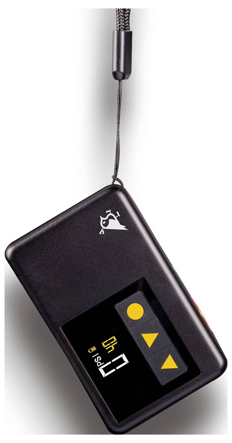 Ein tragbares Gerät mit einer digitalen Anzeige, die einen Aufwärtspfeil, einen Kreis und Zahlen zeigt. Es verfügt über eine Tragschnur.