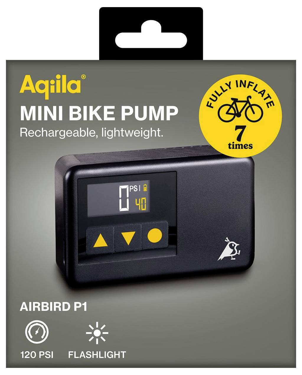 Mini Fahrradpumpe: Aufladbar, leicht. Modell: AIRBIRD P1. Eigenschaften: 120 PSI und Taschenlampe. Vollständig aufpumpen bis zu 7 Mal.