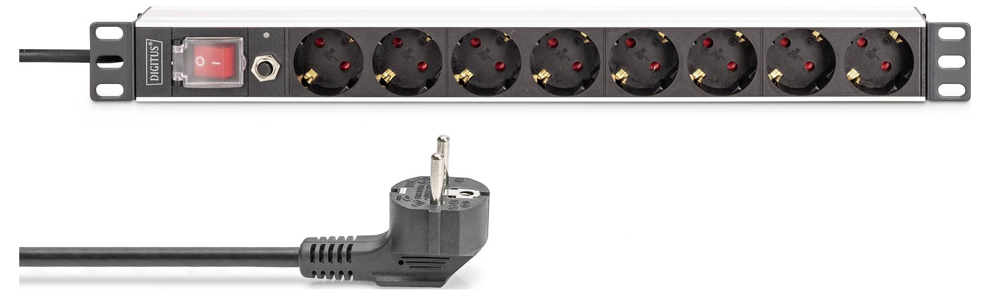 Steckerleiste mit acht schwarzen Steckdosen, rotem Schalter und Schutzkappe. Angeschlossenes Kabel und europäischer Stecker abgebildet.