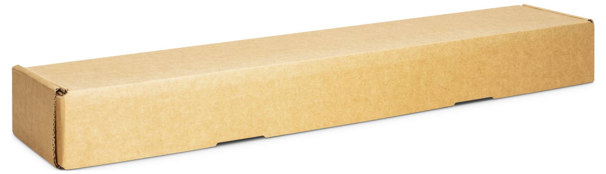 Eine lange, schmale Pappschachtel, sicher verschlossen, ideal zum Versand oder zur Lagerung von Gegenständen wie Plakaten oder gerollten Dokumenten.