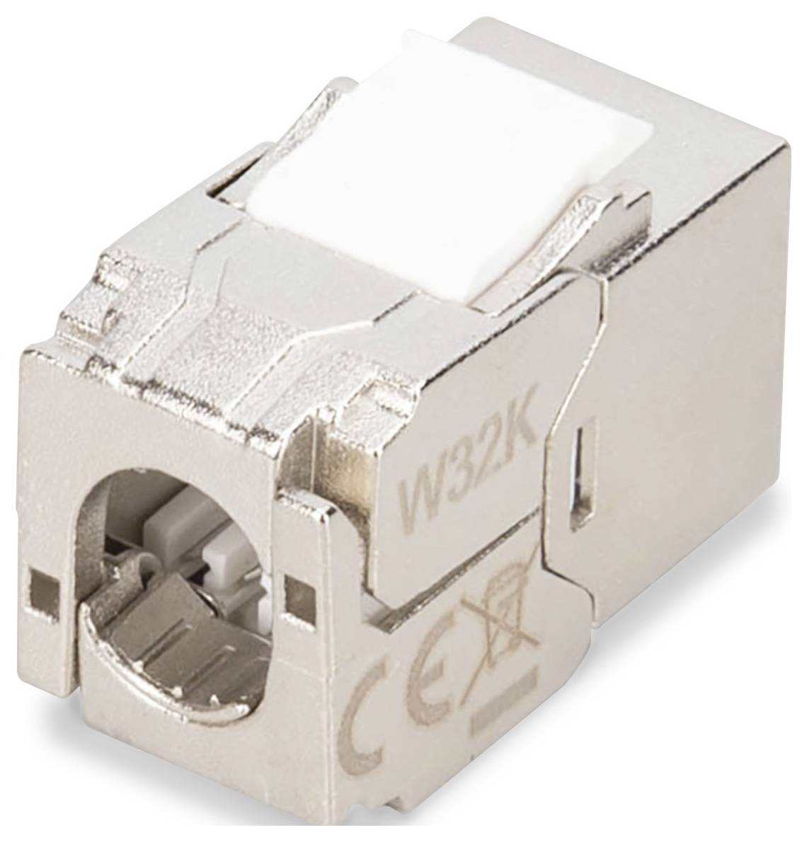 Close-up of a metal Ethernet jack connector labeled 'W32K' with a white plastic insert.