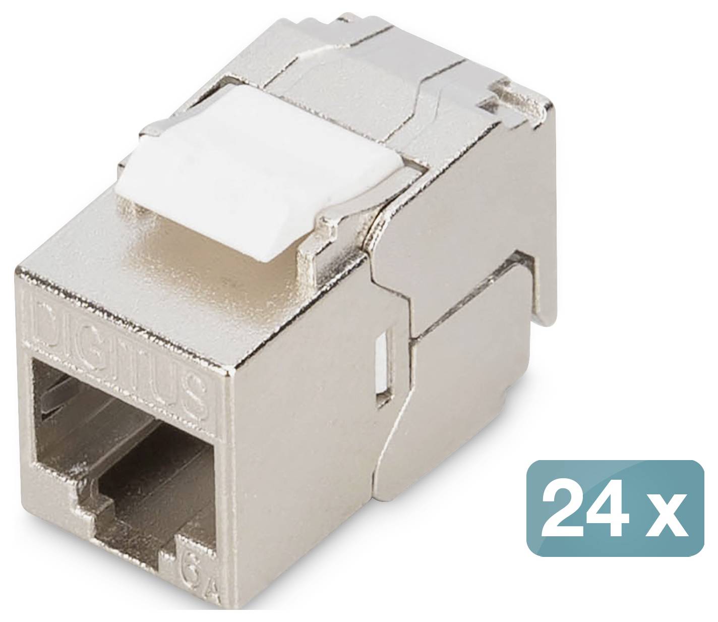 Ein metallischer RJ45-Stecker mit einem weißen Clip, gekennzeichnet mit „24x