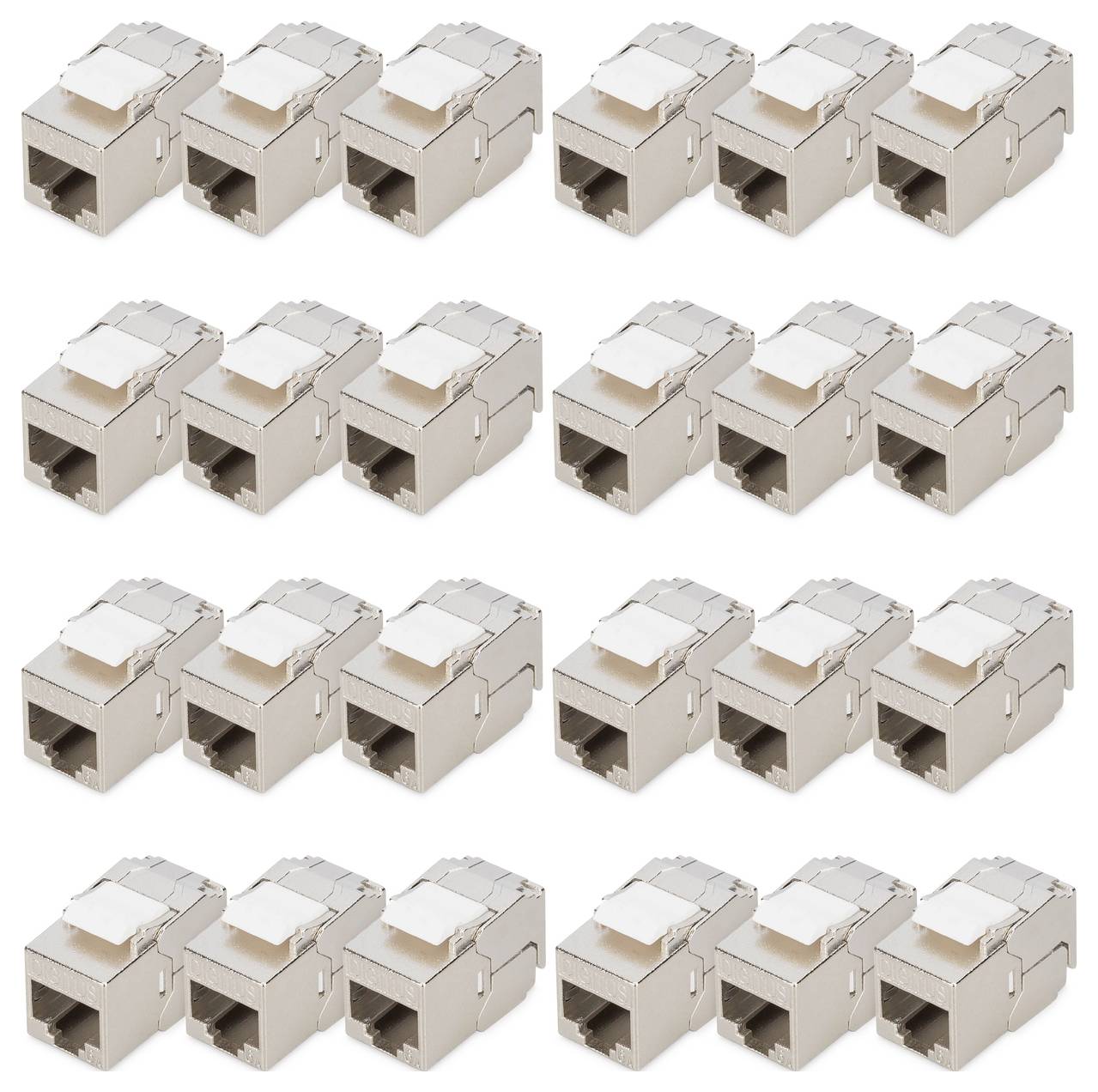 Fünf Reihen von RJ45-Keystonebuchsen, in vier Spalten angeordnet. Jede Buchse verfügt über ein modulares Steckerdesign und eignet sich für Ethernetkabel.
