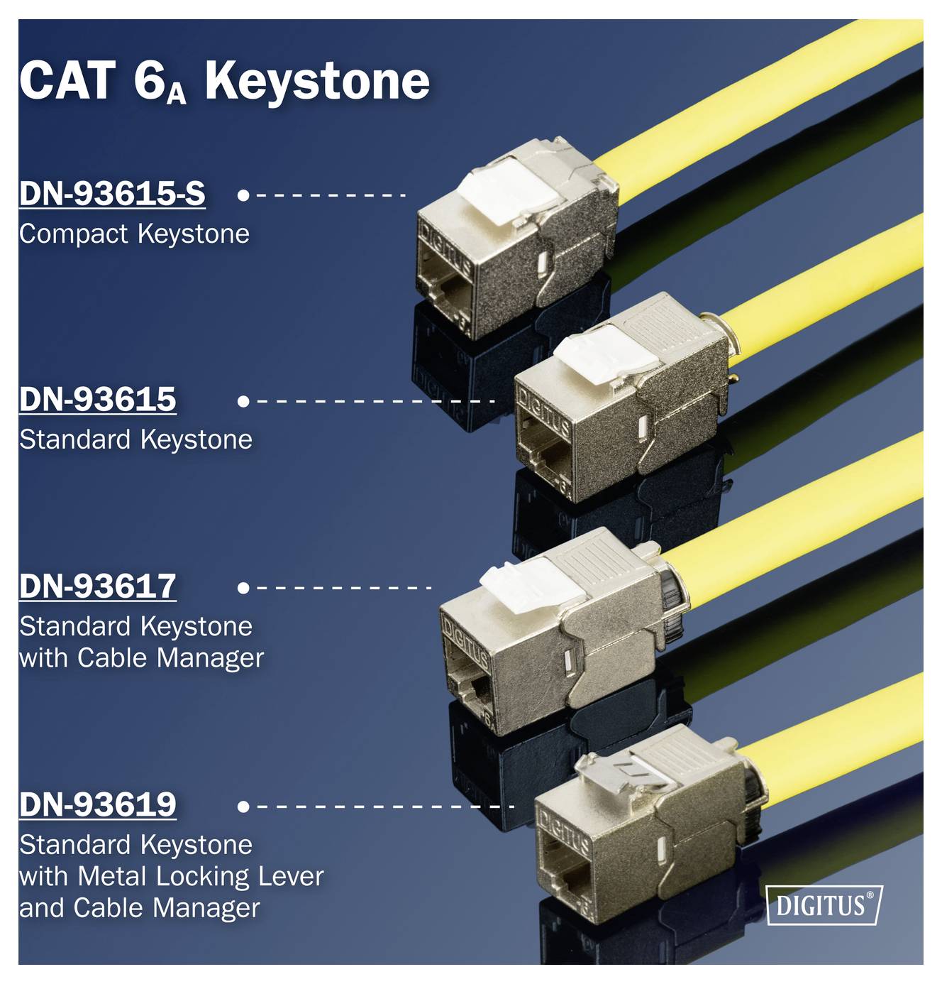 Vier Cat 6A Keystone-Buchsen mit gelben Kabeln dargestellt: DN-93615-S (Kompakt), DN-93615, DN-93617 (mit Kabelmanager), DN-93619 (mit Metallverriegelungshebel).
