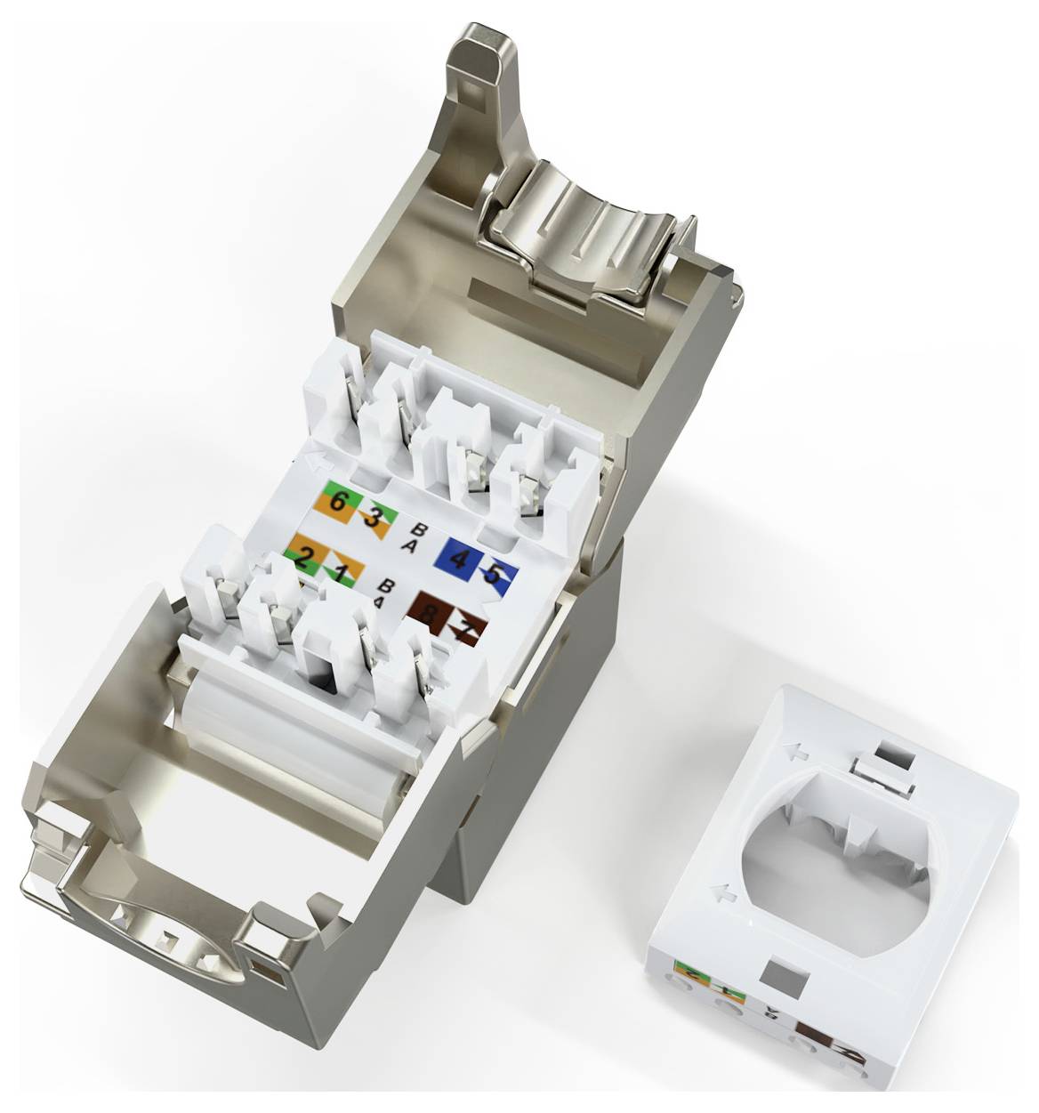 RJ45-Keystone-Buchse und Abdeckung mit farbcodierter Verdrahtungsanleitung für Netzwerkkabelverbindungen und abnehmbarer Frontplatte daneben.