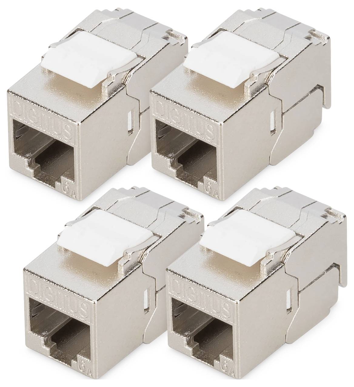 Vier Metall-Keystone-Buchsenverbinder, jeder mit einer weißen Drucklasche und gekennzeichnet als Cat6a für Netzwerkkabelverbindungen, in zwei Reihen angeordnet.