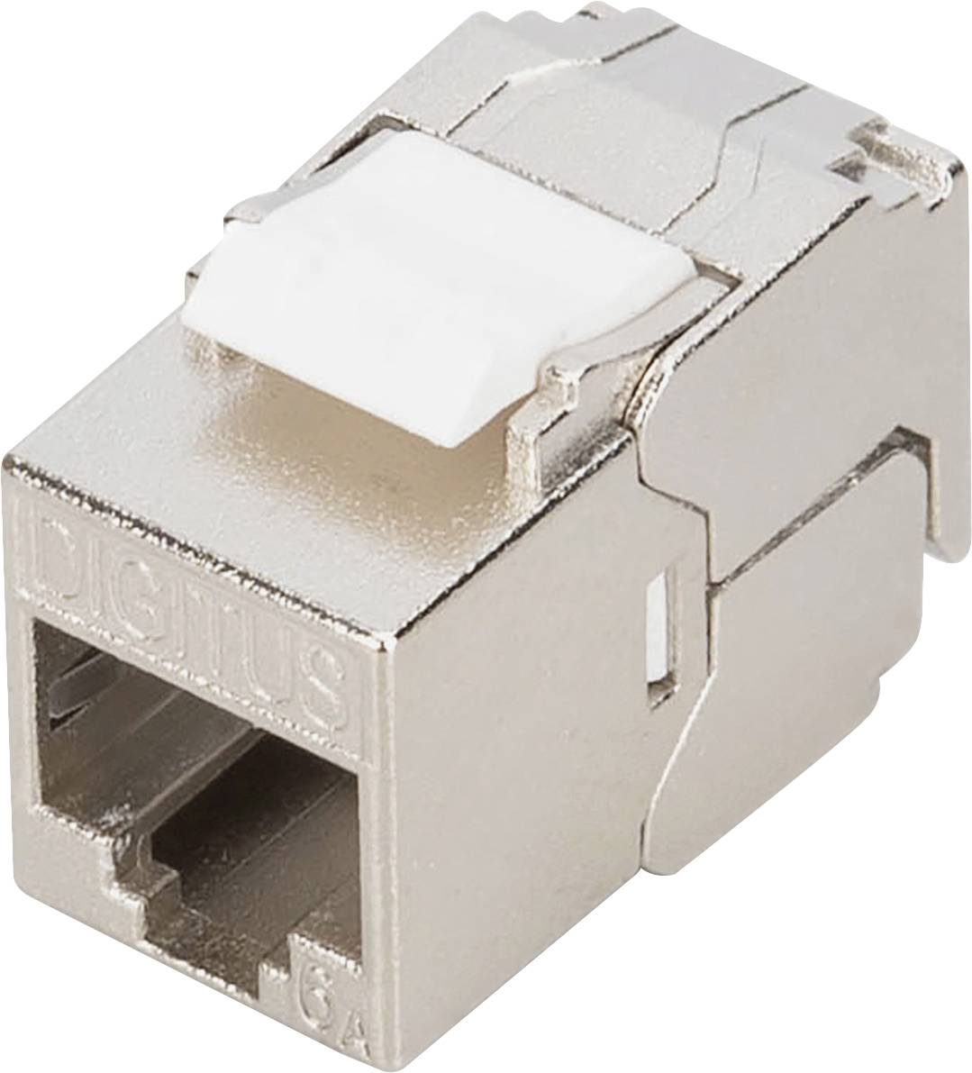 A metal keystone jack with a white protective cover, compatible with Cat 6a Ethernet cables, used for network cable connections.