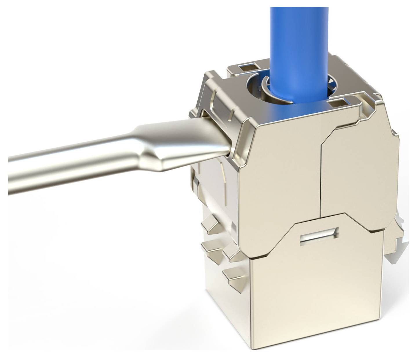 „Ein metallischer elektrischer Stecker mit einem blauen Kabel, das befestigt ist, mit einer Nahaufnahme seiner ineinandergreifenden Teile und des strukturellen Designs.