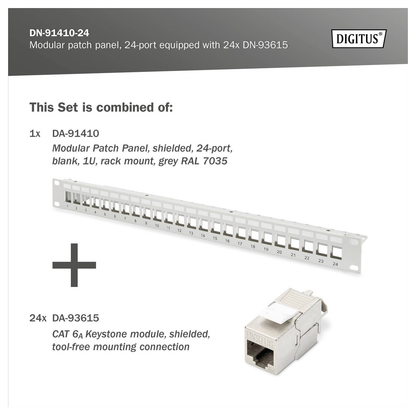 'DN-91410-24 Modulares Patchfeld, 24-Port mit 24x DN-93615' zeigt ein weißes 24-Port-Patchfeld und ein CAT 6a-Keystone-Modul.