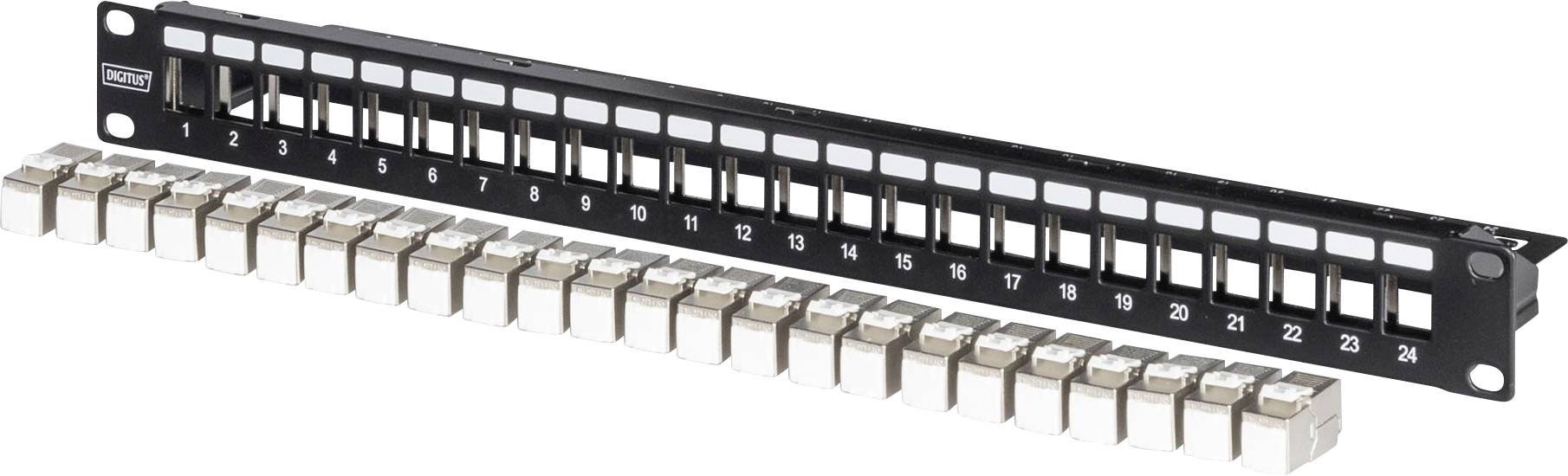24-Port-Patchfeld mit nummerierten Anschlüssen und separierten modularen Steckern, die für die Verwaltung und Organisation von Netzwerkkabeln verwendet werden.