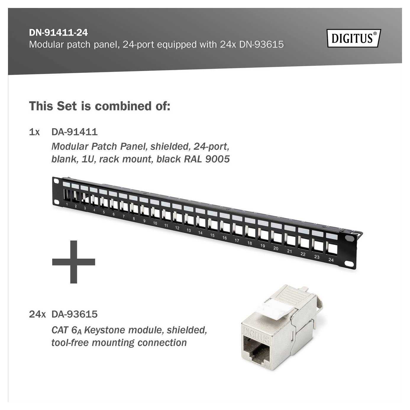 DN-91411-24 Modulares Patchpanel mit 24x DN-93615 CAT 6A Keystone-Modulen. Schwarzes 24-Port-Panel und weißer Keystone auf weißem Hintergrund.