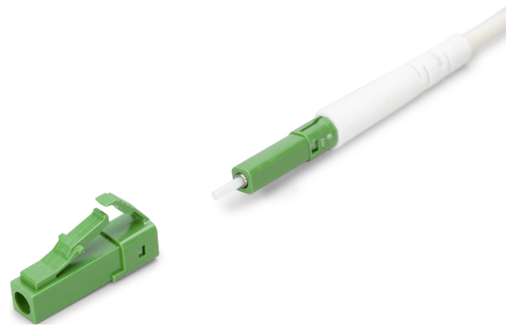 Ein grüner SC-Glasfaserstecker mit Verriegelungsmechanismus, entwickelt für schnelle und sichere Verbindungen in Telekommunikationsanwendungen.