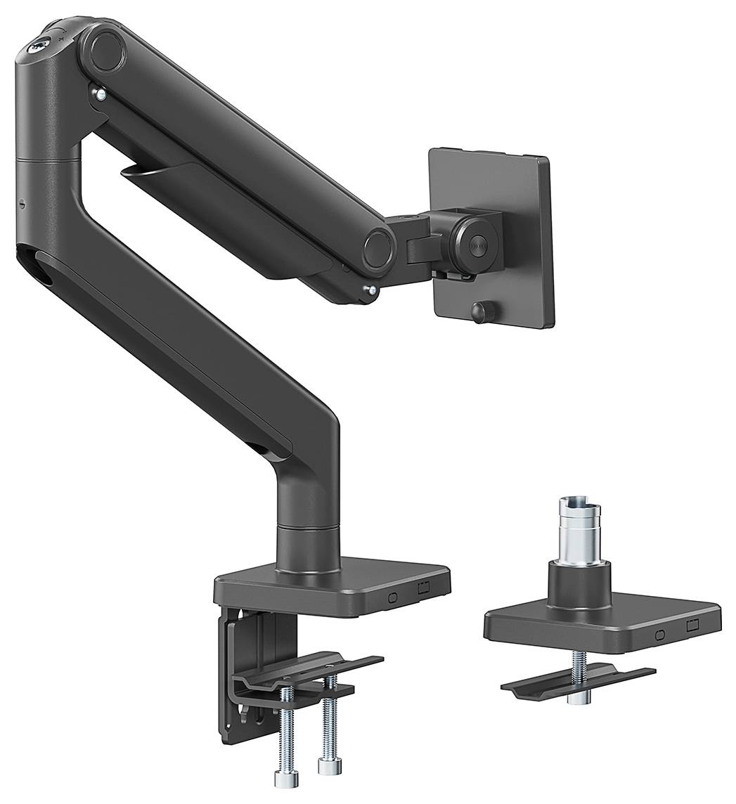 Schwarzer verstellbarer Monitorarm mit zwei Montageoptionen: Klemme und Kabeldurchführung. Geeignet für Schreibtische, ermöglicht eine bessere Bildschirmpositionierung.