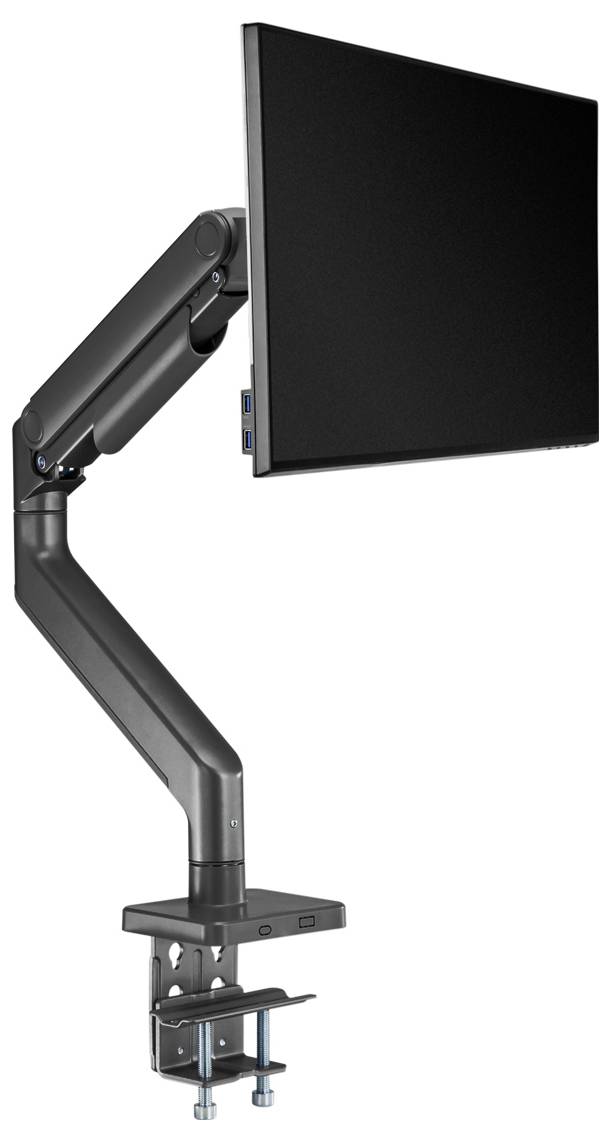 Ein schwarzer Monitorarm stützt einen Bildschirm und zeigt seine verstellbare Funktion. Die Basis ist an einer Oberfläche befestigt und deutet auf eine flexible Arbeitsplatzgestaltung hin.