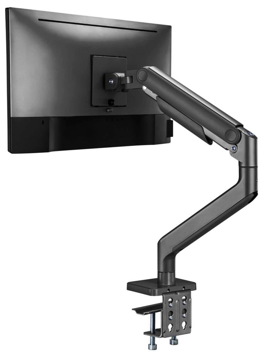 Ein schwarzer verstellbarer Monitorarm ist an einem Schreibtisch befestigt und hält einen Flachbildschirm. Der Arm ist gelenkig für flexible Positionierung.