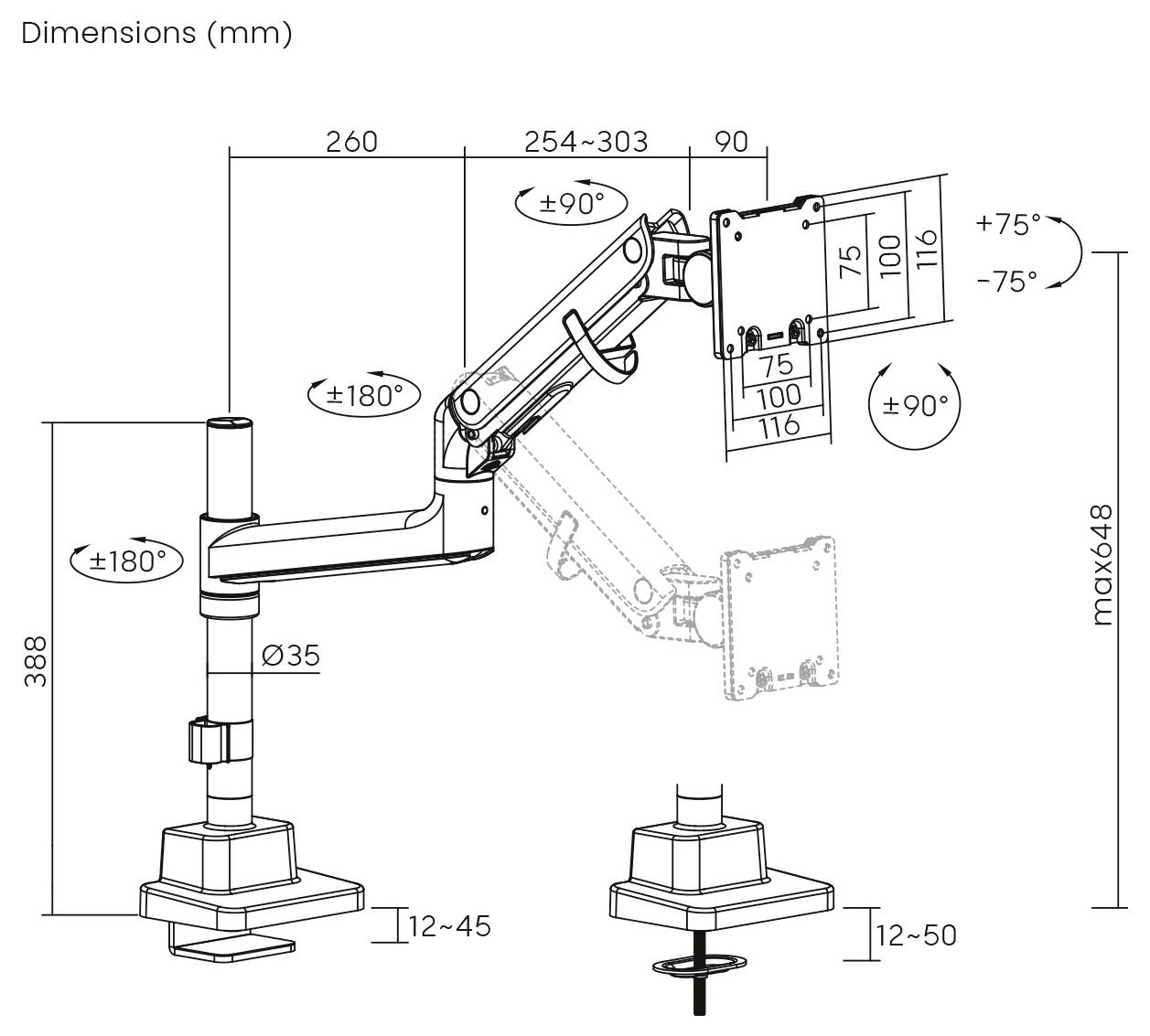 Monitorarm-Technisches Diagramm mit Abmessungen in Millimetern; Armlänge 260, Höhe 388, mit Rotationswinkeln von ±180° und ±90°.