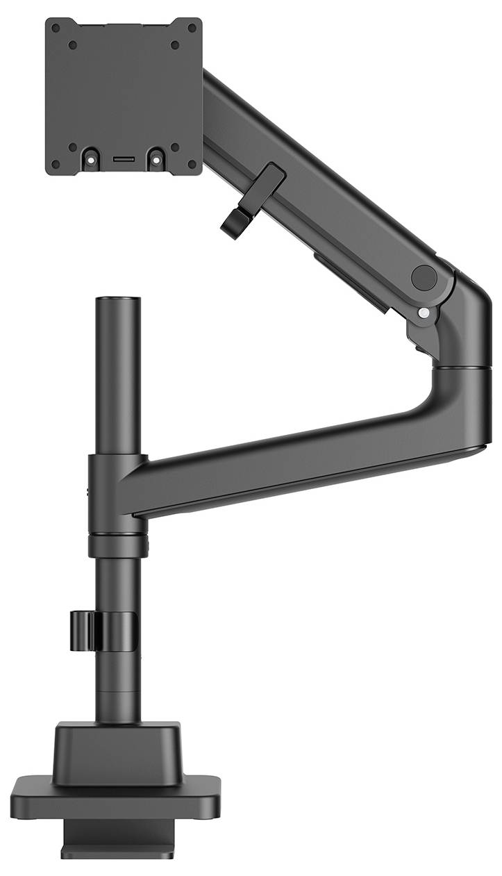Monitor-Arm in Seitenansicht, der ausfahrbaren Arm und verstellbaren Spannmechanismus zum Montieren auf einem Schreibtisch oder einer anderen Oberfläche zeigt.