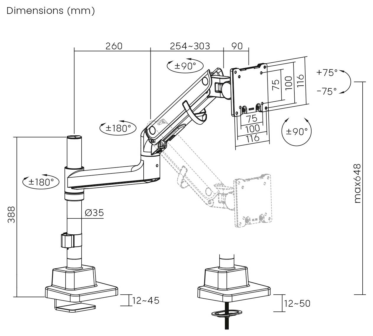 „Verstellbare Monitorhalterung Abmessungen: Höhe 388mm, Armreichweite 260-303mm, Neigung +75°/-75°, Drehung ±90°, Schwenkbereich ±180°.