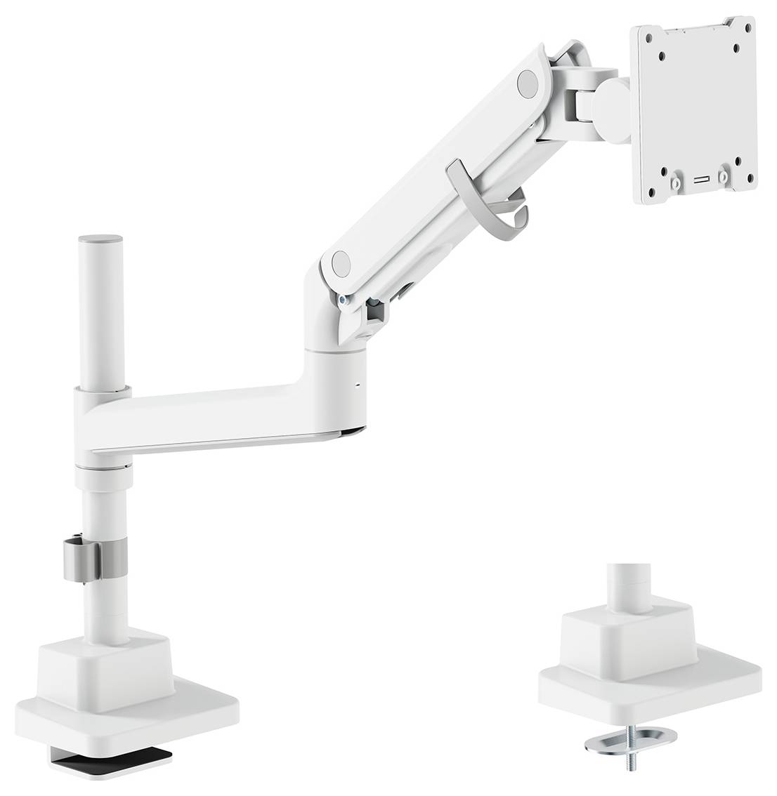 Verstellbarer weißer Monitorarm mit Klemmaufnahme und Grommet-Basis, dargestellt in zerlegtem Zustand, für vielseitige Schreibtischmontage, unterstützt verschiedene Winkel.