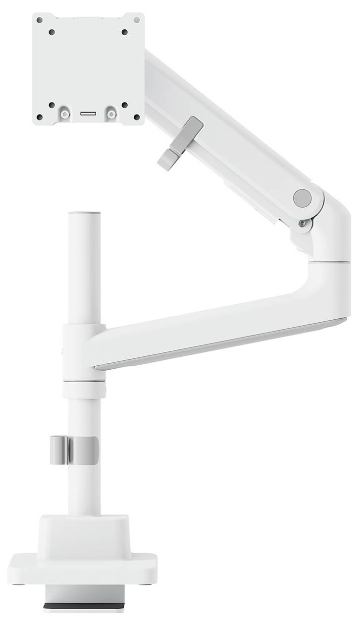 Verstellbarer weißer Monitorarm mit schlankem, modernem Design, geeignet für Büro- oder Heimgebrauch, ermöglicht flexible Bildschirmpositionierung.